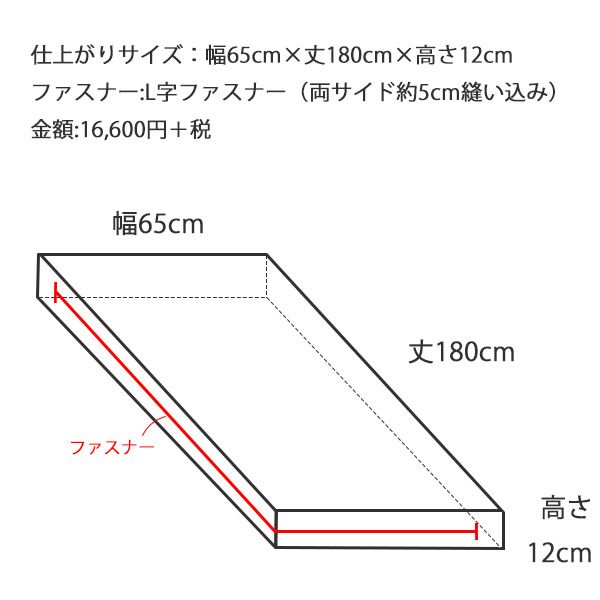 ホイップベロアマットレスカバー仕上がりサイズ幅65cm×丈180cm×高さ12cmL字ファスナー（両サイド約5cm縫い込み）